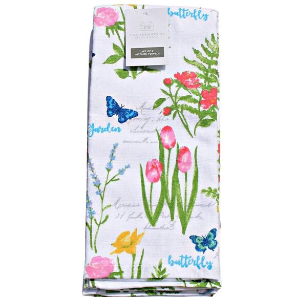 Rachel Ashwell Farmhouse Set of 2 Kitchen Towels Butterfly Floral Cotton - Picture 1 of 11